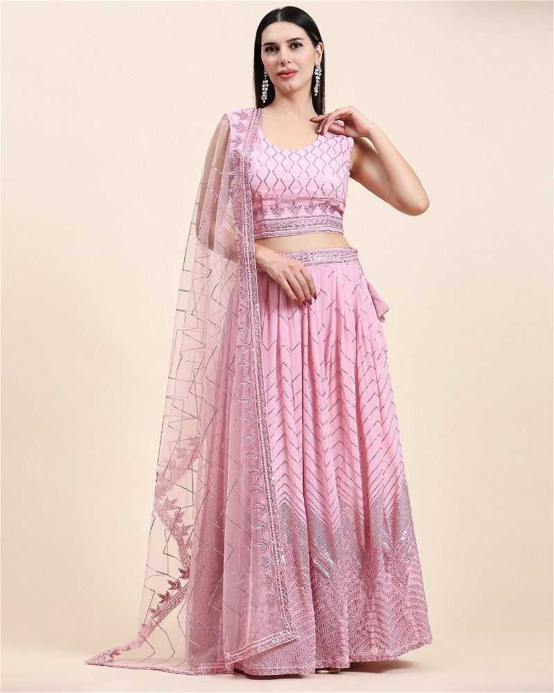 GEORGETTE LEHENGA SEQUIN EMBROIDERY WORK WITH HAND WORK IN BABY PINK