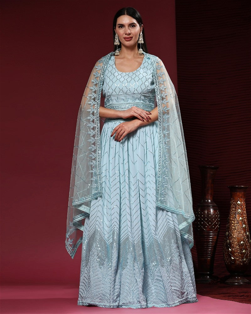 GEORGETTE LEHENGA SEQUIN EMBROIDERY WORK WITH HAND WORK IN ACQUAMARINE BLUE SHADE