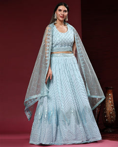 GEORGETTE LEHENGA SEQUIN EMBROIDERY WORK WITH HAND WORK IN ACQUAMARINE BLUE SHADE