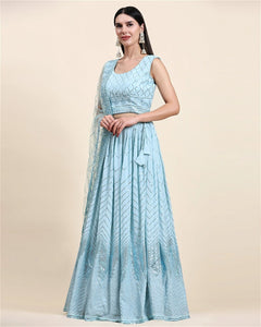 GEORGETTE LEHENGA SEQUIN EMBROIDERY WORK WITH HAND WORK IN ACQUAMARINE BLUE SHADE