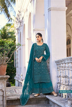 Load image into Gallery viewer, TURQUOISE BLUE EMBROIDERED PALAZZO SALWAR SUIT
