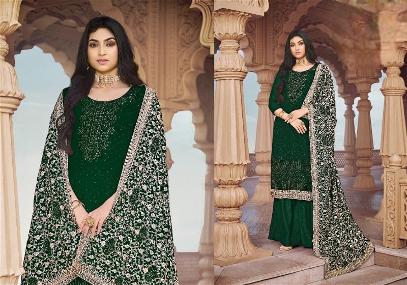 FAUX GEOGETTE PALAZZO STYLE SALWAR SUIT IN GREEN