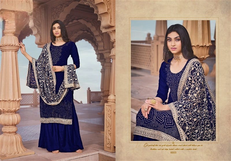 FAUX GEOGETTE PALAZZO STYLE SALWAR SUIT IN BLUE