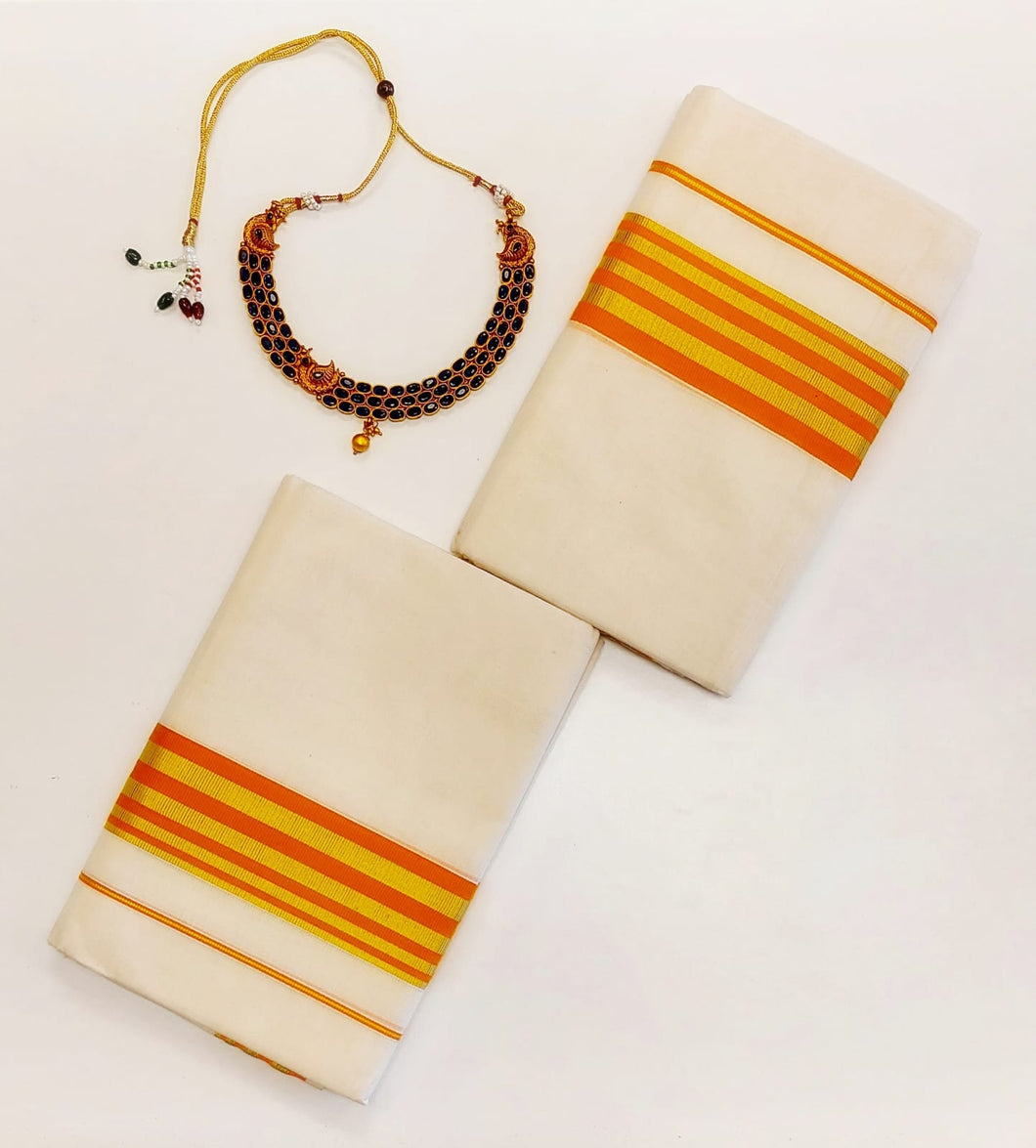 SET MUNDU WITH ORANGE AND GOLD KARA